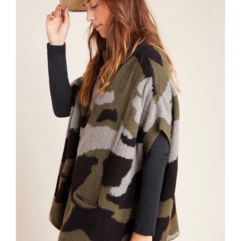 Moth Anthropologie Camo Knit Poncho Sweater Women S Green Grey Oversized Pockets